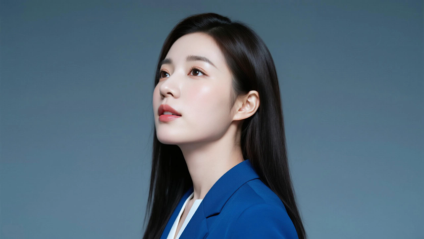 AI中分垂肩长直发女生深海蓝底色桌面壁纸