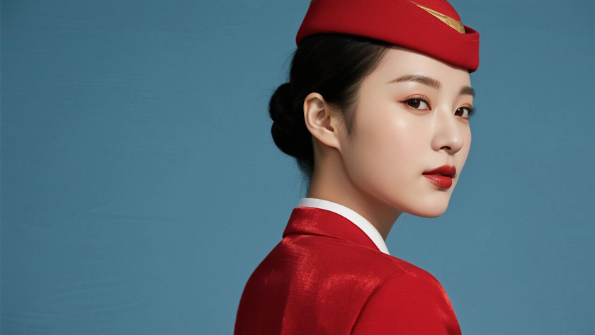 AI空乘气质美女红色空乘制服纯色留白电脑壁纸