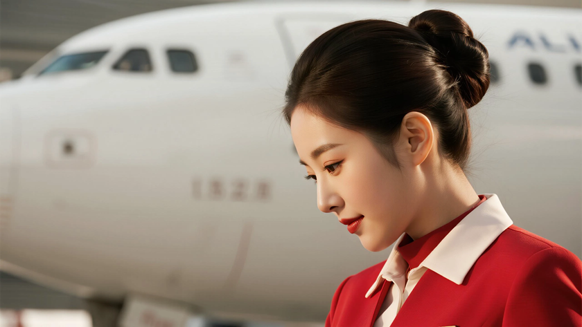 AI正式缎面质感红色空乘制服女生高清壁纸