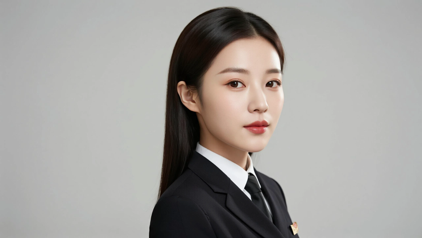AI中分垂肩黑长直发女生纯黑底色桌面壁纸