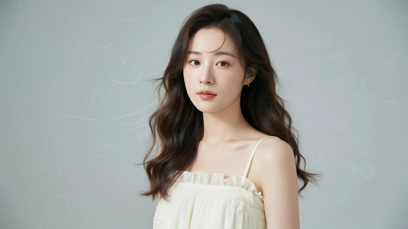 AI清新治愈模特穿搭奶白泡泡纱吊带裙柔和少女正面纯色背景，电脑壁纸