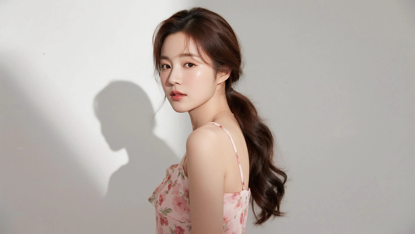 AI柔光治愈模特低垂羊毛长卷发甜美女生侧脸浅桃底色，桌面壁纸