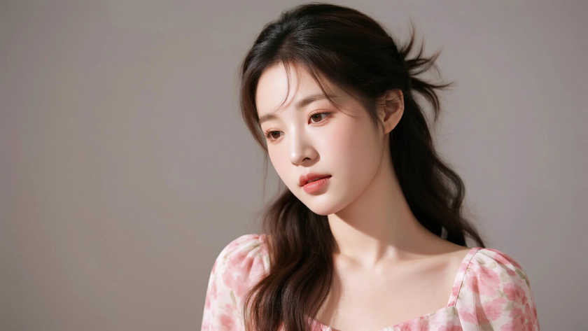 AI纯色极简清新治愈浅桃柔和甜软少女，无水印壁纸