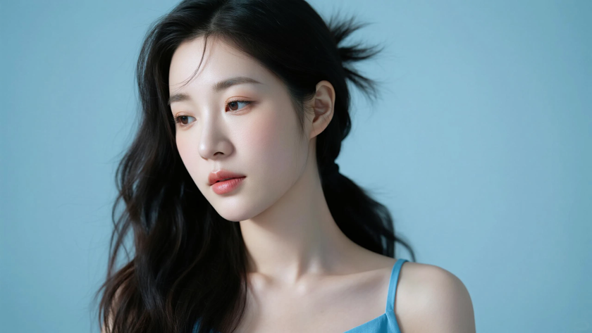 AI清新治愈模特穿搭婴儿蓝棉感吊带裙恬静少女正面纯色背景,电脑壁纸