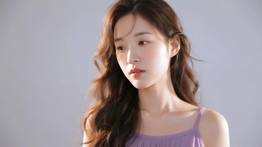 AI柔光治愈模特超长水波纹卷发温柔女生侧脸芋紫底色,桌面壁纸
