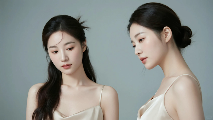 AI清新治愈模特穿搭裸杏缎面吊带裙温润少女正面纯色背景，电脑壁纸