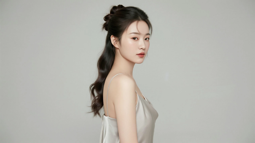 AI柔光治愈模特低挽长卷发发髻温婉女生侧脸裸杏底色，桌面壁纸