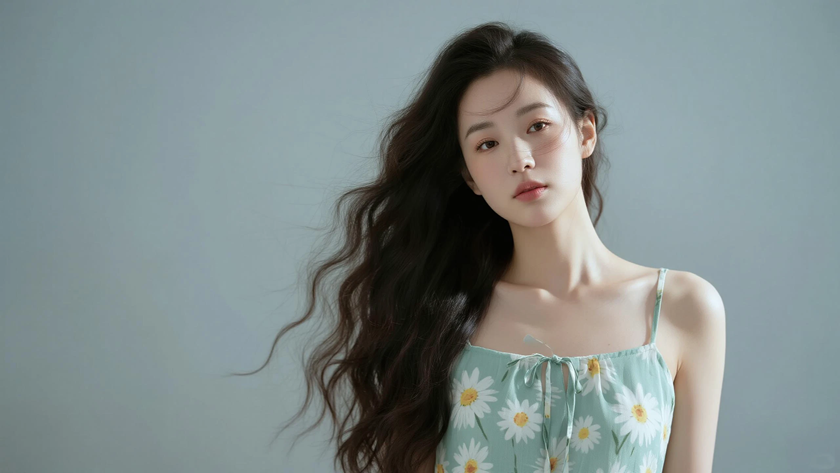 AI清新治愈模特穿搭浅青柠雏菊吊带裙森系少女正面纯色背景，电脑壁纸