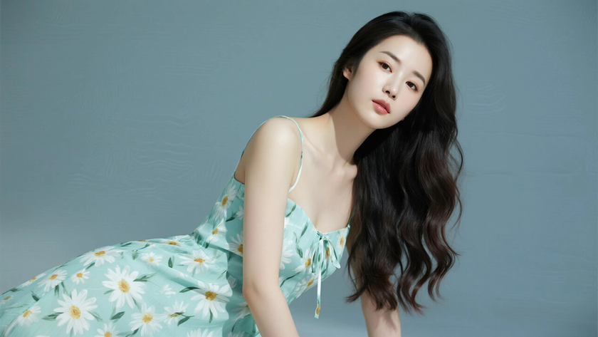 AI柔光治愈模特单侧垂落长卷发清新女生侧脸青柠底色，桌面壁纸