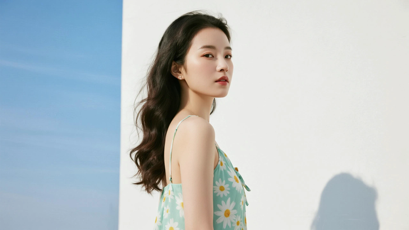 AI纯色极简清新治愈浅青柠森系柔和少女，无水印壁纸