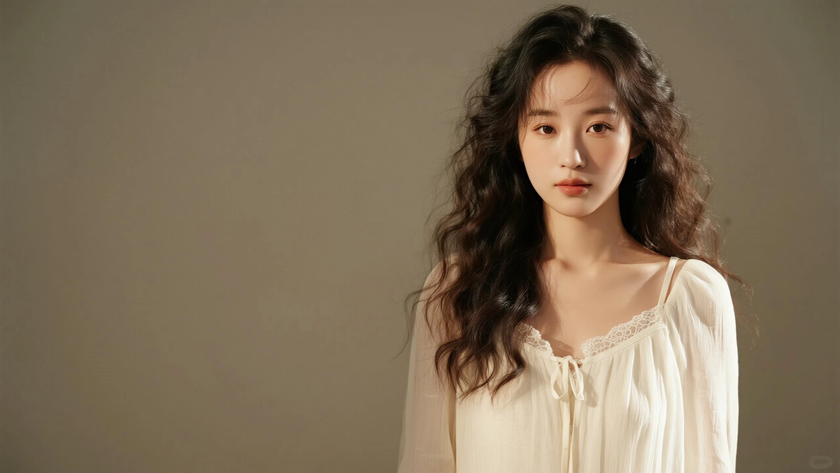 AI清新治愈模特穿搭奶芋白蕾丝吊带裙纯净少女正面纯色背景,电脑壁纸