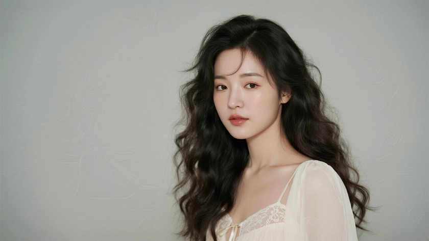 AI柔光治愈模特蓬松超长羊毛卷发柔和女生侧脸奶白底色,桌面壁纸
