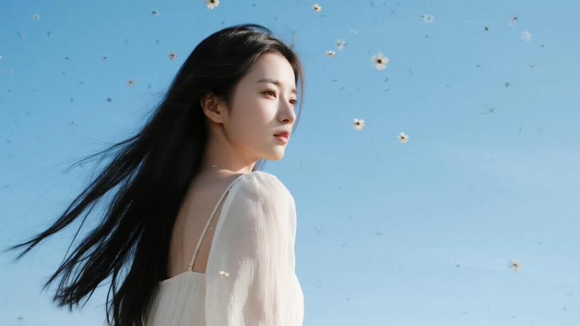 AI清新治愈模特穿搭晴空蓝碎花吊带裙静谧少女正面纯色背景，电脑壁纸