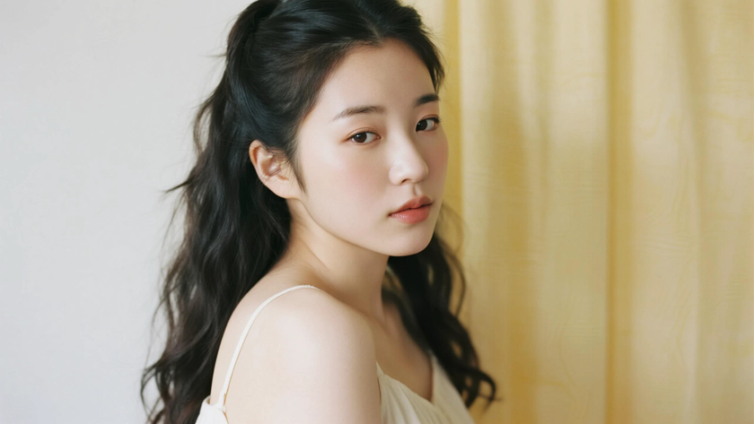 AI柔光治愈模特半披半扎超长卷发温柔女生侧脸奶油底色,桌面壁纸