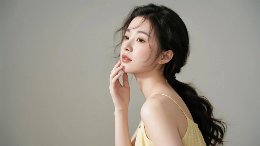 AI清新治愈模特穿搭奶油黄棉料吊带裙暖软少女正面纯色背景,电脑壁纸