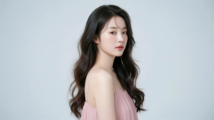 AI清新治愈模特穿搭雾桃粉垂坠吊带裙柔粉少女正面纯色背景，电脑壁纸