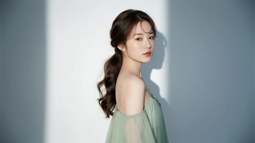 AI柔光治愈模特低侧垂超长卷发清雅女生侧脸竹青底色,桌面壁纸