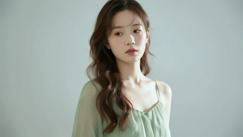 AI纯色极简清新治愈浅竹青清雅安静少女,无水印壁纸