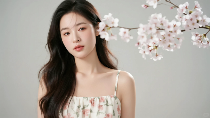 AI清新治愈模特穿搭樱花白碎花吊带裙烂漫少女正面纯色背景，电脑壁纸