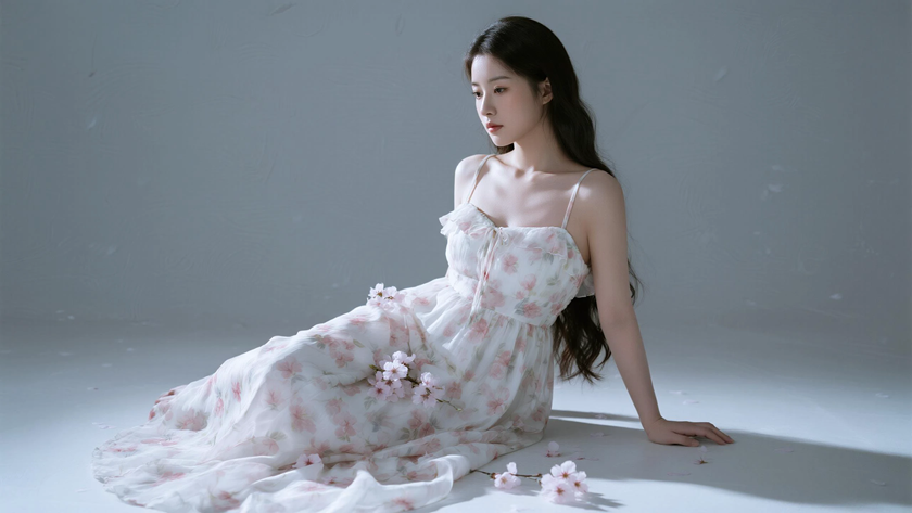 AI纯色极简清新治愈樱花白烂漫温柔少女，无水印壁纸