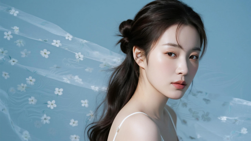 AI清新治愈模特穿搭浅海蓝碎花吊带裙清透少女正面纯色背景，电脑壁纸