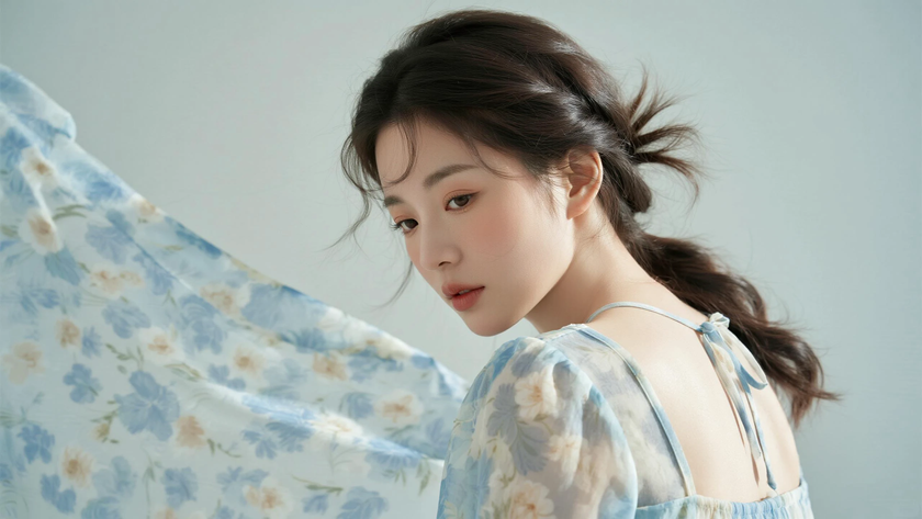 AI柔光治愈模特低盘超长卷发束发安静女生侧脸海蓝底色，桌面壁纸