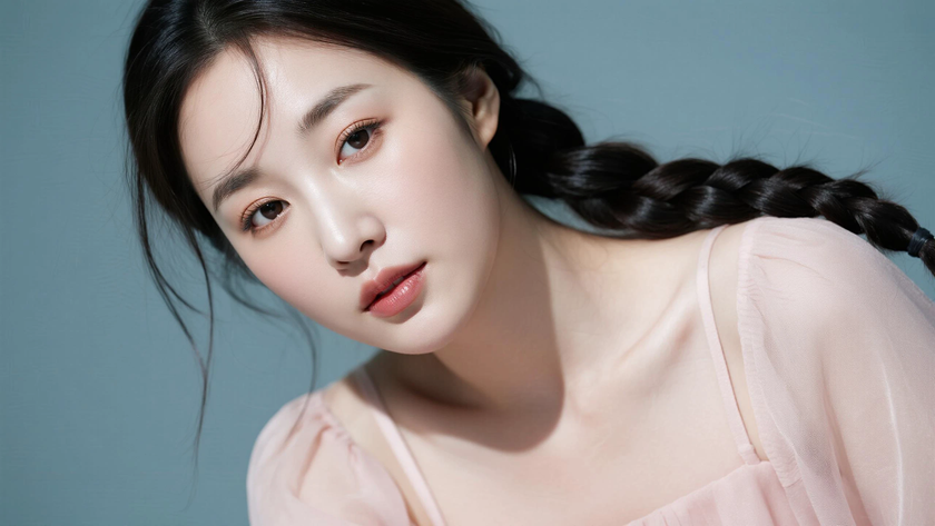 AI清新治愈模特穿搭杏粉透感吊带裙淡雅少女正面纯色背景，电脑壁纸