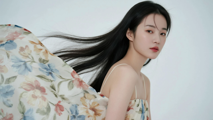 AI柔光治愈模特半披超长顺直黑发纯净女生侧脸云白底色，桌面壁纸