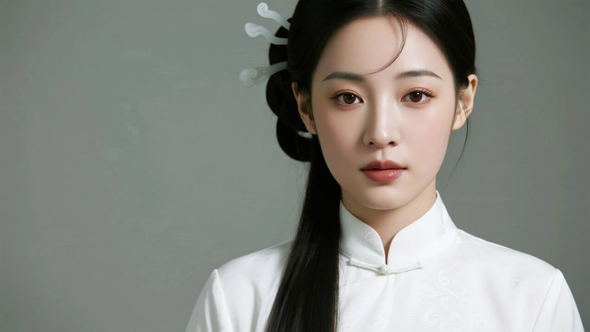 AI氛围感中式复古美人民国云纹盘发柔美女生侧脸浅月底色,桌面壁纸