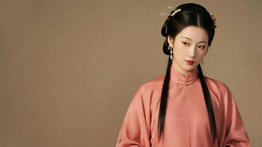 AI中式复古美人穿搭豆沙倒大袖旗袍温柔女生正面纯色背景，电脑壁纸