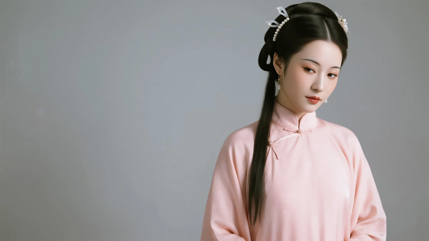 AI氛围感中式复古美人民国珍珠挽发古典女生侧脸豆沙底色，桌面壁纸