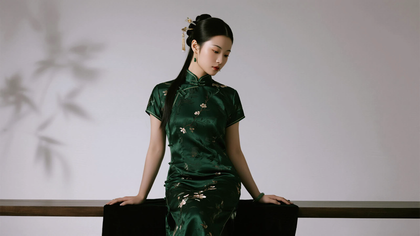 AI中式复古美人穿搭墨绿织锦旗袍优雅女生正面纯色背景，电脑壁纸