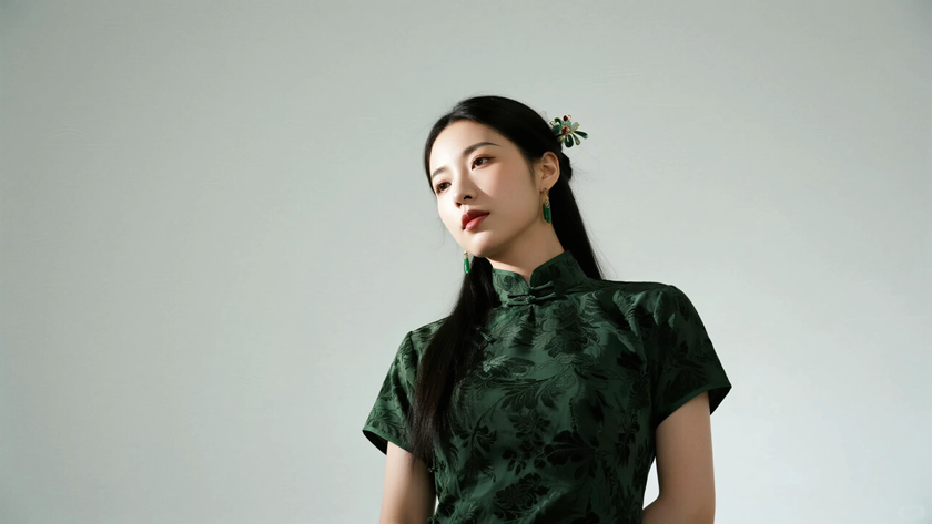 AI氛围感中式复古美人民国玉簪低挽长发古典女生侧脸墨绿底色，桌面壁纸