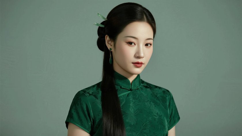 AI古典柔光中式复古美人织锦旗袍质感女生，高清壁纸