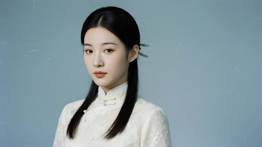 AI中式复古美人穿搭米白蕾丝洋装裙温婉女生正面纯色背景，电脑壁纸