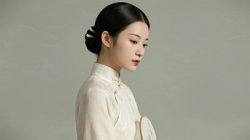 AI纯色极简中式复古美人民国清新柔和女生，无水印壁纸