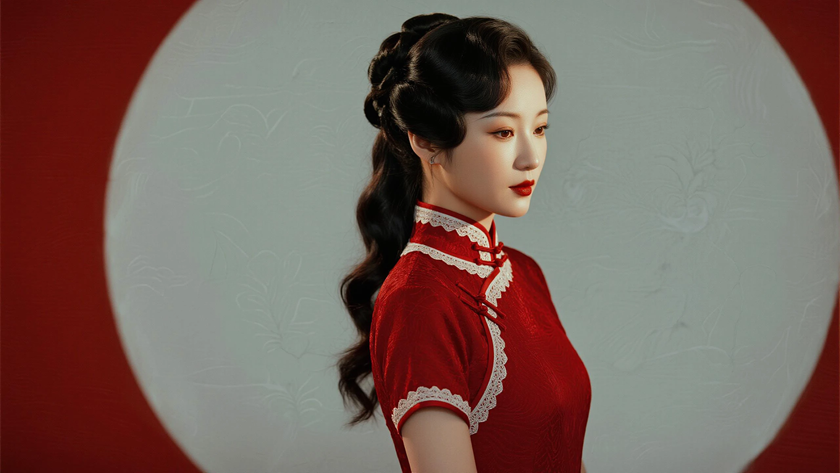 AI中式复古美人穿搭枣红滚边旗袍风情少女正面纯色背景,电脑壁纸