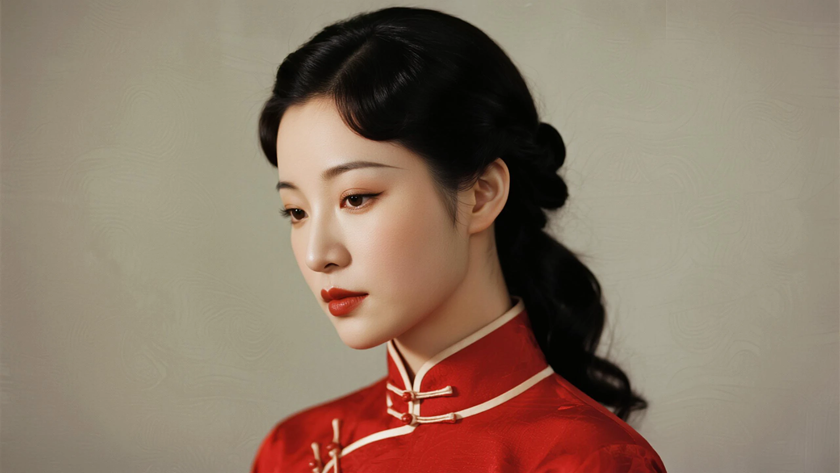AI氛围感中式复古美人民国侧分低盘长发柔美女生侧脸枣红底色,桌面壁纸