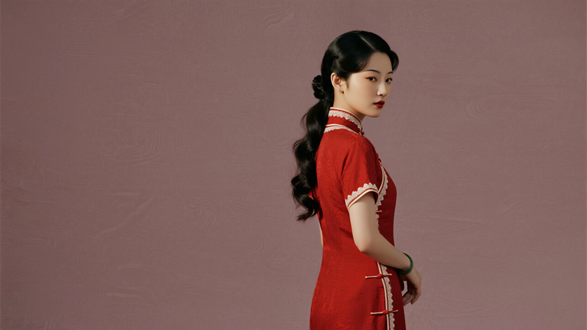 AI柔和柔光中式复古美人滚边织锦旗袍质感女生,高清壁纸