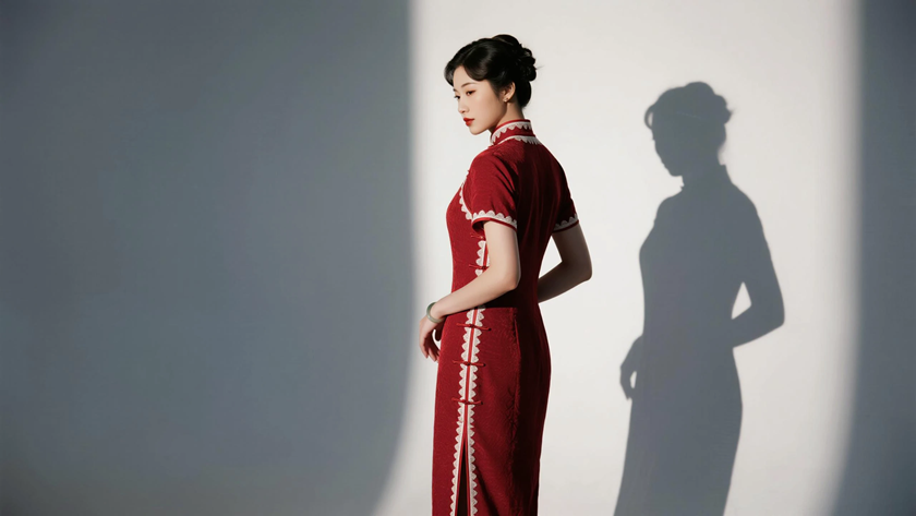 AI纯色极简中式复古美人枣红浅底风情复古女生,无水印壁纸