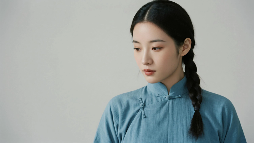 AI中式复古美人穿搭浅蓝粗布学生旗袍纯净女生正面纯色背景，电脑壁纸