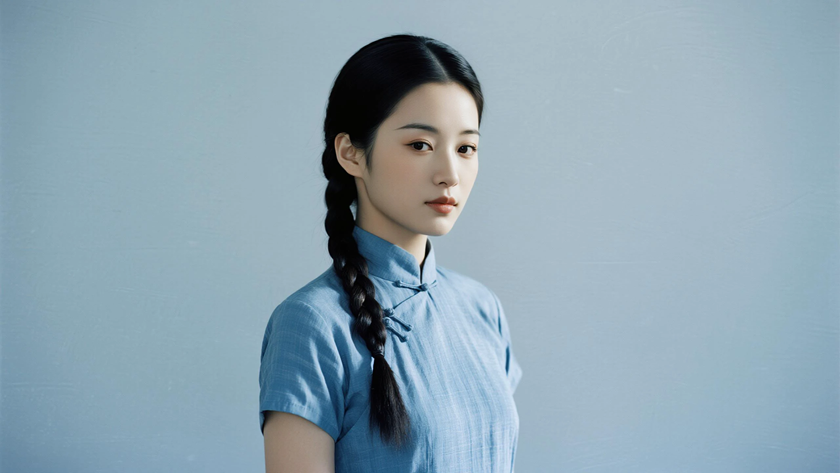 AI氛围感中式复古美人民国单侧麻花长辫古典女生侧脸浅蓝底色，桌面壁纸