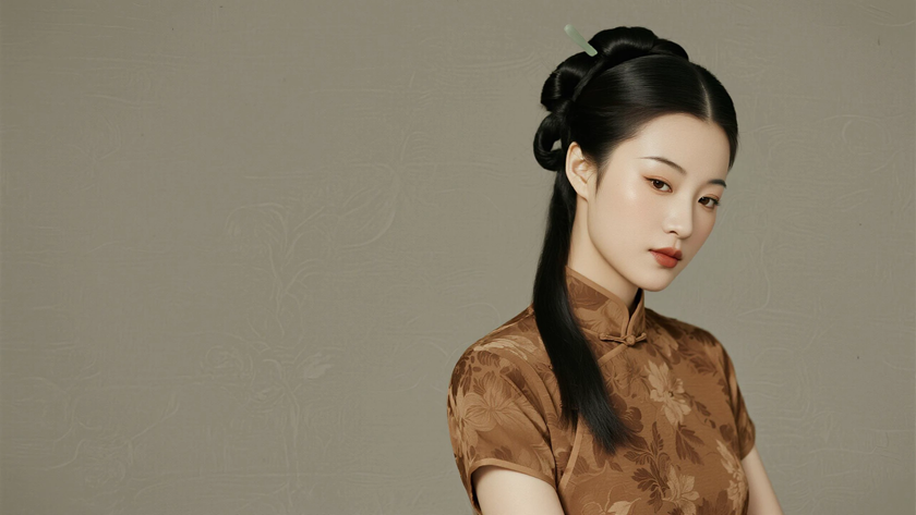AI中式复古美人穿搭咖色暗花改良旗袍慵懒女生正面纯色背景，电脑壁纸