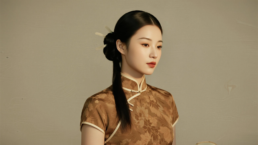 AI古典柔光中式复古美人暗花缎面旗袍质感女生，高清壁纸