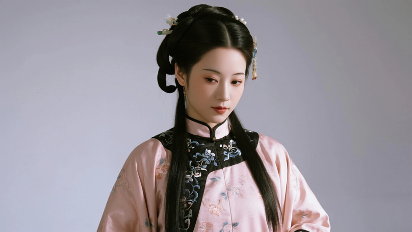 AI中式复古美人穿搭浅粉绣花披肩旗袍柔美少女正面纯色背景，电脑壁纸
