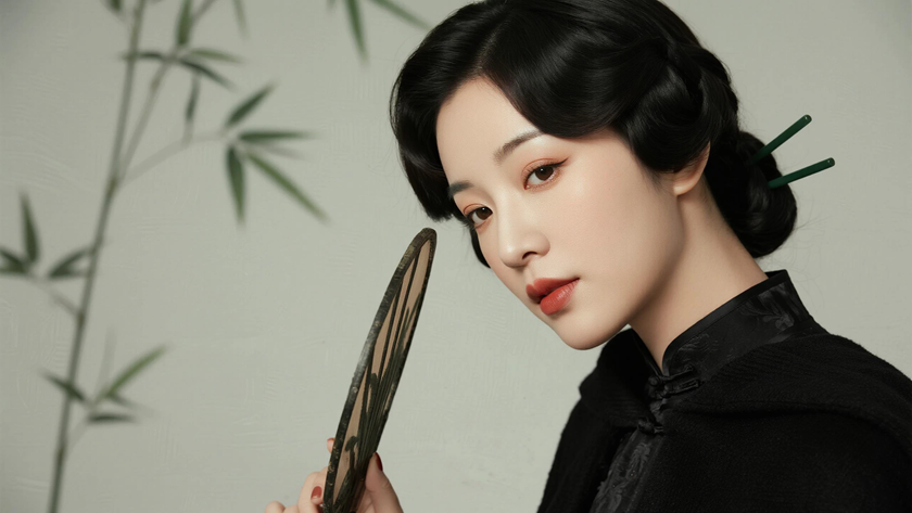 AI中式复古美人穿搭炭黑斗篷旗袍优雅女生正面纯色背景，电脑壁纸