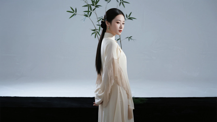 AI中式复古美人穿搭浅杏流苏背子旗袍温婉女生正面纯色背景，电脑壁纸