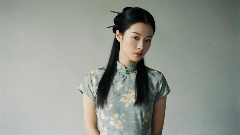 AI中式复古美人穿搭青灰半臂碎花旗袍清爽少女正面纯色背景，电脑壁纸