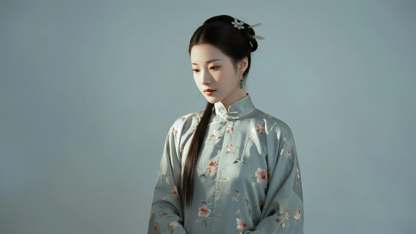 AI氛围感中式复古美人民国双刀盘发柔美女生侧脸青灰底色，桌面壁纸