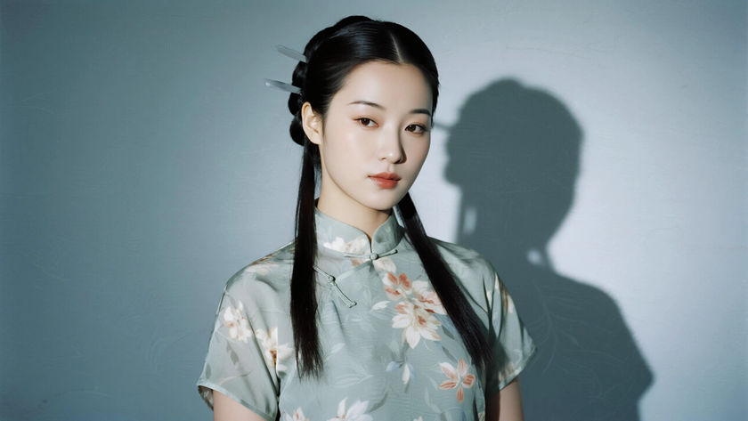AI纯色极简中式复古美人青灰浅底清爽复古女生，无水印壁纸